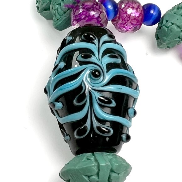 Blue Cinnabar Vase Bead Necklace w/ Blue Cats Eye Beads & Glass Lampwork Beads - Picture 8 of 12